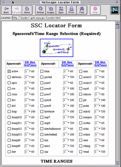 Figure: Advanced Interface Spacecraft/Time Range Selection Screen